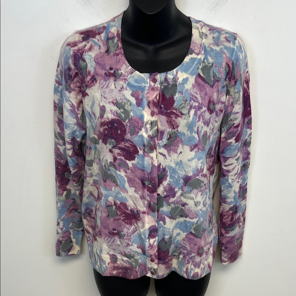 Talbots Merino Wool Purple Blue Floral Button Down Cardigan Sweater Size XP